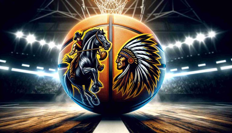 High-definition, realistic image of an intense professional basketball game. One team, represented by a logo of a cowboy riding a horse, is facing off against another team, shown by a logo of a traditional warrior. The basketball court under their feet buzzes with energy as the teams prepare for an exciting showdown.