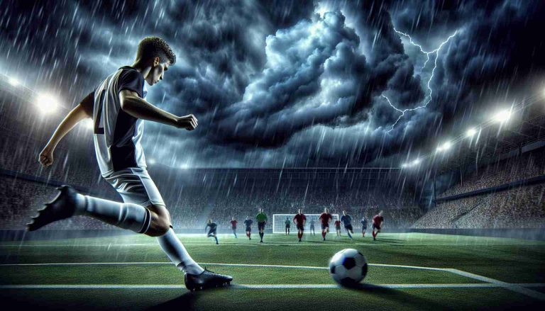 A dynamic and captivating high-definition image showing a tough time ahead for a popular soccer team, represented symbolically by dark stormy skies over their home field. A young promising player is seen at the forefront, ready to take a crucial penalty kick under immense pressure, stepping up for his team. Note: The people should not be identifiable.