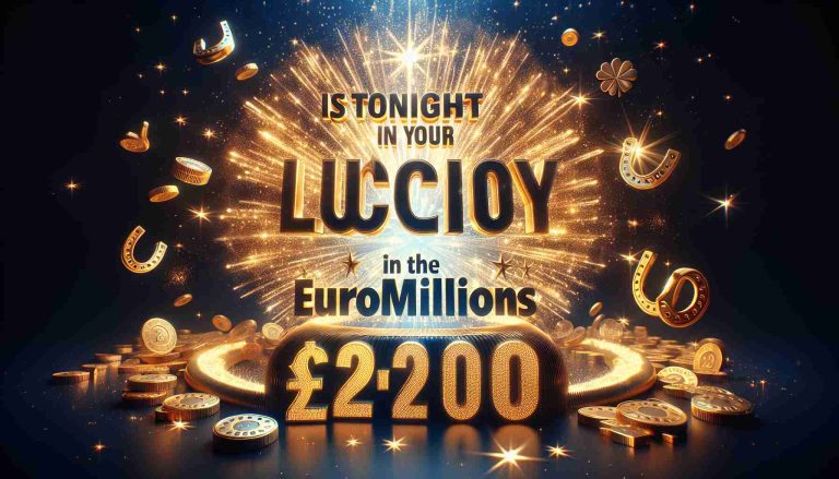 Realistic, high-definition image depicting the text 'Is Tonight Your Lucky Night? Win £22 Million in the EuroMillions Draw!' with a sense of hopeful anticipation. It could feature elements associated with wealth and luck, like a burst of sparkling golden light, numerals descending from a star-filled sky, or symbolic icons for fortune such as horseshoes or four-leaf clovers.