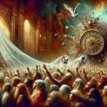 Generate a realistic, high definition image depicting a scene titled 'The Madness Unveiled: A Race Against Time!' Visualize it as a chaotic event with elements of mystery and urgency. Some possible elements could include a frenzied crowd, an imposing, antiquated clock showing the last seconds to midnight, and a veil being slowly lifted to reveal a puzzling artifact. There is a mixture of fear and enthusiasm on the faces of the individuals. Among them, there are people of different genders and descents such as Caucasian, Hispanic, Middle-Eastern, Black, and South Asian. Intense colors and detailed textures may help to accentuate the sense of suspense.