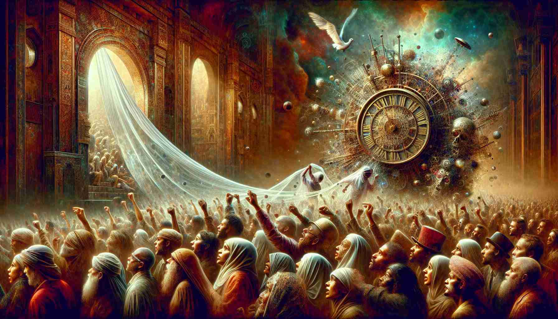 Generate a realistic, high definition image depicting a scene titled 'The Madness Unveiled: A Race Against Time!' Visualize it as a chaotic event with elements of mystery and urgency. Some possible elements could include a frenzied crowd, an imposing, antiquated clock showing the last seconds to midnight, and a veil being slowly lifted to reveal a puzzling artifact. There is a mixture of fear and enthusiasm on the faces of the individuals. Among them, there are people of different genders and descents such as Caucasian, Hispanic, Middle-Eastern, Black, and South Asian. Intense colors and detailed textures may help to accentuate the sense of suspense.