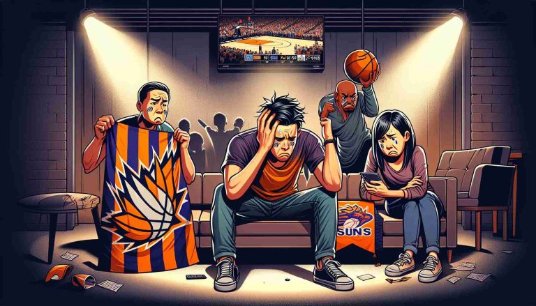 A high-definition photo illustration showing frustrated fans of a basketball team, the Suns, experiencing another difficult defeat. The image depicts a diverse group of fans, showing a Caucasian man clutching his head in disbelief, an Asian woman with a disappointed expression, a Black man holding a 'Suns' flag with a grimace on his face, and a Hispanic woman sadly looking at the score updates on her smartphone. Background includes a dimly lit room lit up by the glow of a TV screen showing the basketball game in progress.