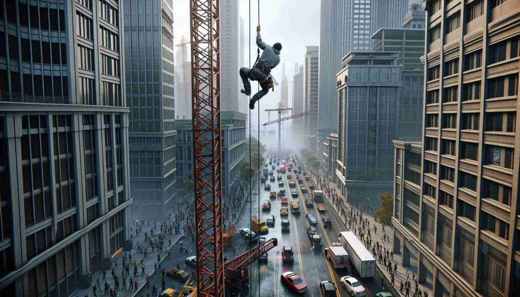 Generate a realistic, high-definition image of a thrilling scenario in which an Hispanic man is climbing a crane at a construction site in an unidentified city. The site is filled with towering skyscrapers, and the man is seen hanging on for life, eliciting chaos on the ground below. People look on from the ground, their faces filled with concern and curiosity. Traffic is stopped, and the sirens from emergency vehicles can almost be heard in the distance. The sky is overcast, adding to the tense atmosphere.