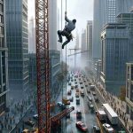 Generate a realistic, high-definition image of a thrilling scenario in which an Hispanic man is climbing a crane at a construction site in an unidentified city. The site is filled with towering skyscrapers, and the man is seen hanging on for life, eliciting chaos on the ground below. People look on from the ground, their faces filled with concern and curiosity. Traffic is stopped, and the sirens from emergency vehicles can almost be heard in the distance. The sky is overcast, adding to the tense atmosphere.