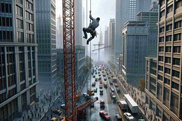 Generate a realistic, high-definition image of a thrilling scenario in which an Hispanic man is climbing a crane at a construction site in an unidentified city. The site is filled with towering skyscrapers, and the man is seen hanging on for life, eliciting chaos on the ground below. People look on from the ground, their faces filled with concern and curiosity. Traffic is stopped, and the sirens from emergency vehicles can almost be heard in the distance. The sky is overcast, adding to the tense atmosphere.