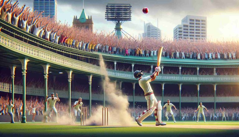 Craft a high-definition, hyper-realistic image depicting an exceptional moment in a cricket match. A player has just hit a six, causing great excitement among the spectators. Capture the scene in great detail: the ball soaring through the air, the player's triumphant pose with the bat, the astounded expressions of the crowd, the architecture of the stadium. Ensure that the location subtly hints at Sydney, perhaps through visible landmarks or distinct design elements in the cricket ground.