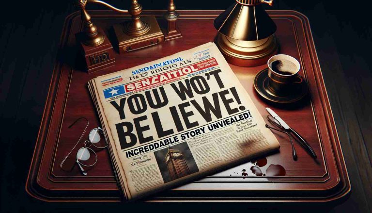 An HD image illustrating a concept of sensational and shocking news. The focus should be on a newspaper with bold headlines stating 'You Won't Believe! Incredible Story Unveiled!'. The paper is placed on a mahogany table under a vintage reading lamp. Some coffee stains and a half-read pair of glasses nearby add to the realism. Try to incorporate vibrant colors and fine details, making it look as realistic as possible.