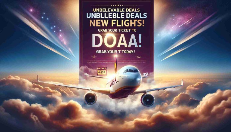 Create a realistic high-definition image that depicts a promotional advertisement with the bold and compelling text 'Unbelievable Deals on New Flights! Grab Your Ticket to Doha Today!' set against an exciting backdrop of dreamy skies and a shining airplane designed to evoke the allure of travel and adventure.