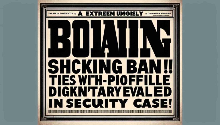 An extremely high-resolution, realistic image headline. It exclaims 'A Shocking Ban! Ties with High-Profile Dignitary Revealed in Security Case!' It resembles classic newspaper print style with bold and eye-catching fonts and formatting.