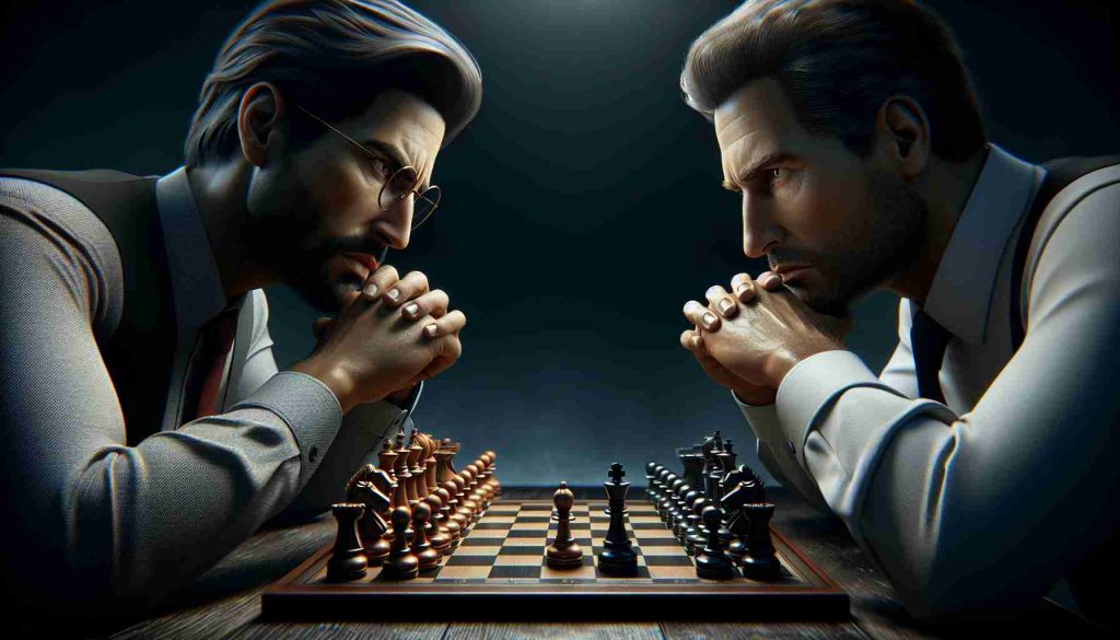 A high-definition and realistic depiction of a thrilling game of chess. Two unnamed individuals, one of South Asian descent and the other Caucasian, are locked in a challenging battle of wits. The focus of the image is centered on the intense expressions on their faces and their hands poised over the chessboard, ready to make the next game-changing move.