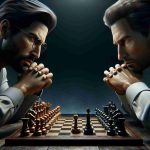 A high-definition and realistic depiction of a thrilling game of chess. Two unnamed individuals, one of South Asian descent and the other Caucasian, are locked in a challenging battle of wits. The focus of the image is centered on the intense expressions on their faces and their hands poised over the chessboard, ready to make the next game-changing move.