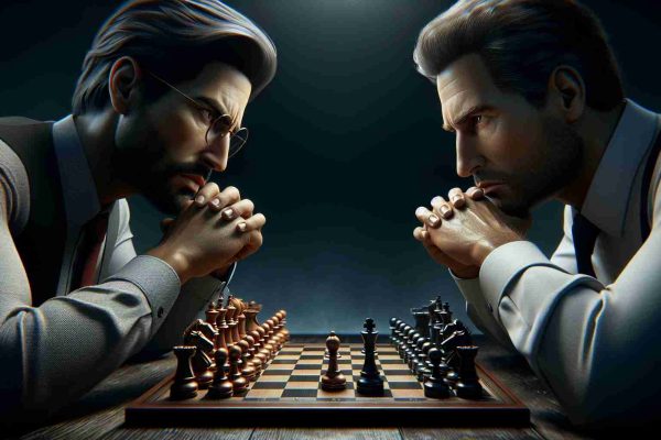 A high-definition and realistic depiction of a thrilling game of chess. Two unnamed individuals, one of South Asian descent and the other Caucasian, are locked in a challenging battle of wits. The focus of the image is centered on the intense expressions on their faces and their hands poised over the chessboard, ready to make the next game-changing move.