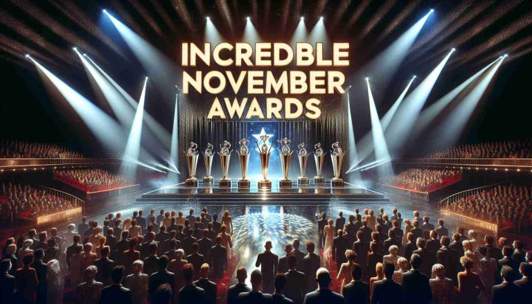 A high-definition image depicting a grand event showcasing the unveiling of Incredible November Awards. A sparkling, lavish stage is brightly lit, bursting with enthusiasm and suspense from the audience. Big, bold letters atop the stage that read, 'Incredible November Awards.' Numerous trophies of different shapes and sizes, intricately designed, awaiting their winners on the stage. The audience, diverse in race and gender, clad in their most splendid attire, eagerly waiting to see who stole the spotlight this year. Spotlight moving across the hall, creating an atmosphere of suspense and excitement.