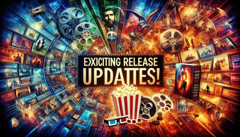 A high-definition image displaying a vibrant collage of new movie box sets and posters, imbued with a feeling of excitement and anticipation. This should include a mix of genre symbols and motifs, such as a classic film reel, a popcorn box, 3D glasses, and bold text announcing 'Exciting Release Updates!' that emphasizes the captivating development of movies we cannot miss.