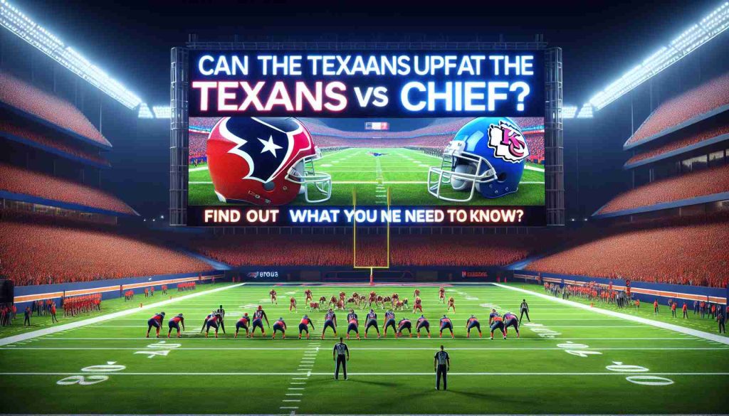 Image of a realistic, high-definition football game scene in progress, featuring a hypothetical match between the Texas football team and the Kansas team. The field is vibrant and green, and both teams are in full gear. On the giant electronic scoreboard, the question, 'Can the Texans upset the Chiefs?' is displayed, followed by 'Find Out What You Need To Know!'