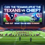 Image of a realistic, high-definition football game scene in progress, featuring a hypothetical match between the Texas football team and the Kansas team. The field is vibrant and green, and both teams are in full gear. On the giant electronic scoreboard, the question, 'Can the Texans upset the Chiefs?' is displayed, followed by 'Find Out What You Need To Know!'