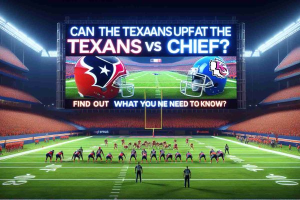 Image of a realistic, high-definition football game scene in progress, featuring a hypothetical match between the Texas football team and the Kansas team. The field is vibrant and green, and both teams are in full gear. On the giant electronic scoreboard, the question, 'Can the Texans upset the Chiefs?' is displayed, followed by 'Find Out What You Need To Know!'