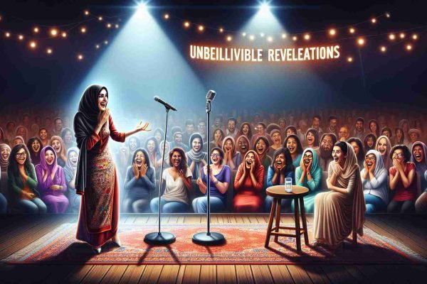 Create a realistic, high-definition image illustrating the concept of unbelievable revelations. Feature a South Asian female comedian on stage, under a spotlight. She draws out laughter and surprise from the multicultural diverse audience in the background as she breaks boundaries with her comedic material. The atmosphere is electric, full of excitement and astonishment. On the stage, there should be a microphone on a stand and a stool with a glass of water. The whole setting should exude the feeling of laughter, surprises, and breaking boundaries.