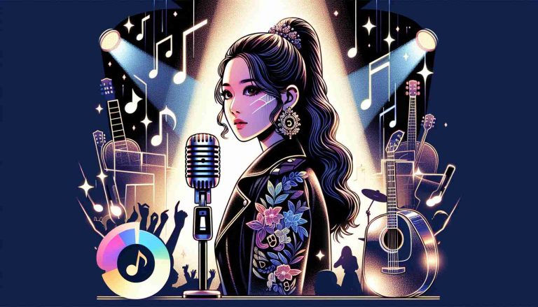 Visualize a high-definition illustration capturing the excitement of a solo music debut making significant impact on iTunes. The design must include symbolic elements of K-pop culture. For the central character, envision a young Asian female artist in a stylish outfit holding a microphone. Also include elements like musical notes, a glow of stage lights, and the iTunes logo in the background.