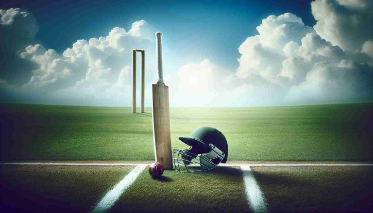 A poignant HD photo depicting a solemn scene from cricket history in respect of the unfortunate events leading to the loss of a prominent cricket player. The scene should emphasize a cricket bat, a ball, and a helmet symbolizing the pure spirit of the sport without referencing any specific person's identity. White lines on lush green grass and distant, cloud-filled blue skies indicating a sense of loss and memory.