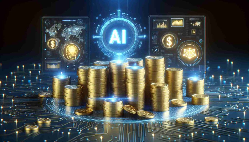 High definition, realistic image of a conceptual representation showcasing the transformational power of AI, visualized as stacks of gold coins representing a billionaire's wealth, with futuristic technological elements scattered around to signify 'Oracle', a symbol of prophecy and wisdom.