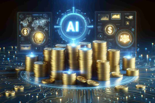 High definition, realistic image of a conceptual representation showcasing the transformational power of AI, visualized as stacks of gold coins representing a billionaire's wealth, with futuristic technological elements scattered around to signify 'Oracle', a symbol of prophecy and wisdom.