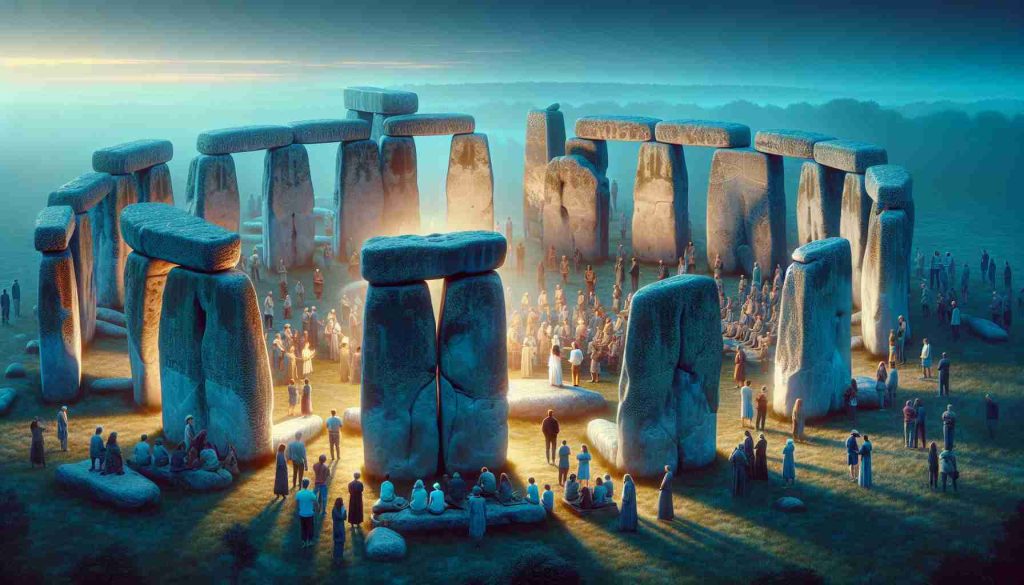 A highly-detailed, HD image depiction of Stonehenge, the ancient monument located in southern England. Vividly illustrate the imposing stone structures standing in a circular arrangement, a compelling symbol of mystery and timelessness. Illuminate this scene with the aura of ancient myth and intrigue. Depict a group of people attending a gathering there, with people of different descents such as Caucasian, Hispanic, Black, Middle-Eastern, South Asian. Show individuals engaged in animated discussion, attempting to unlock the site's secrets. The background is early dawn sky, with the first light of the day casting an ethereal glow on the stones.