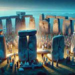 A highly-detailed, HD image depiction of Stonehenge, the ancient monument located in southern England. Vividly illustrate the imposing stone structures standing in a circular arrangement, a compelling symbol of mystery and timelessness. Illuminate this scene with the aura of ancient myth and intrigue. Depict a group of people attending a gathering there, with people of different descents such as Caucasian, Hispanic, Black, Middle-Eastern, South Asian. Show individuals engaged in animated discussion, attempting to unlock the site's secrets. The background is early dawn sky, with the first light of the day casting an ethereal glow on the stones.