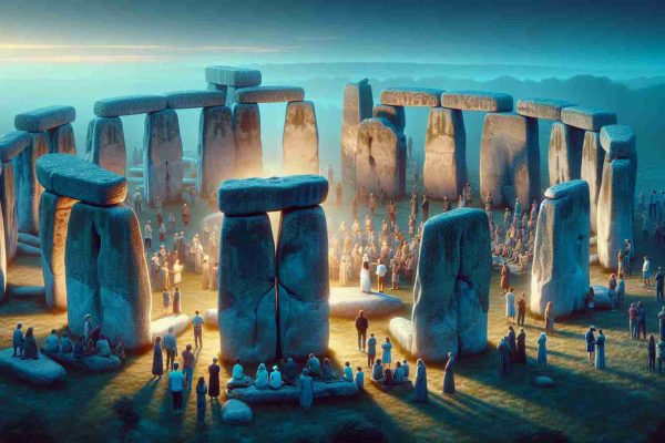 A highly-detailed, HD image depiction of Stonehenge, the ancient monument located in southern England. Vividly illustrate the imposing stone structures standing in a circular arrangement, a compelling symbol of mystery and timelessness. Illuminate this scene with the aura of ancient myth and intrigue. Depict a group of people attending a gathering there, with people of different descents such as Caucasian, Hispanic, Black, Middle-Eastern, South Asian. Show individuals engaged in animated discussion, attempting to unlock the site's secrets. The background is early dawn sky, with the first light of the day casting an ethereal glow on the stones.