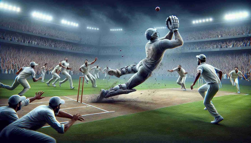 A highly detailed and realistic image of a high-stakes cricket match. In the decisive moment, a player is making an incredible catch, ending the inning of a powerfully built, athletic batsman. The field is buzzing with the shock and excitement of the unexpected turn of events.