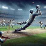 A highly detailed and realistic image of a high-stakes cricket match. In the decisive moment, a player is making an incredible catch, ending the inning of a powerfully built, athletic batsman. The field is buzzing with the shock and excitement of the unexpected turn of events.