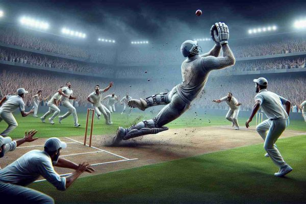 A highly detailed and realistic image of a high-stakes cricket match. In the decisive moment, a player is making an incredible catch, ending the inning of a powerfully built, athletic batsman. The field is buzzing with the shock and excitement of the unexpected turn of events.