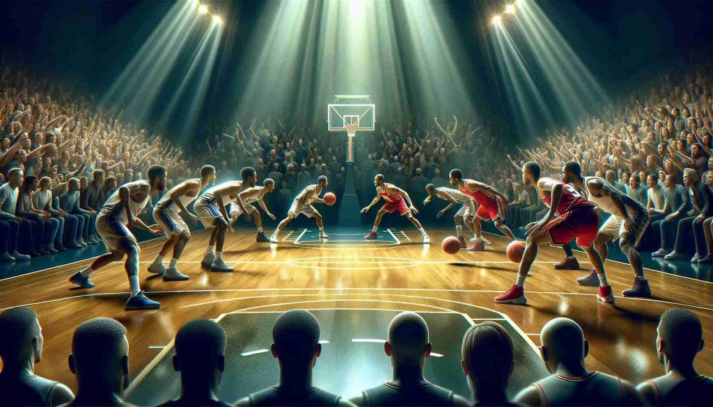 Hyper-realistic illustration of a crucial decision moment in a high-stakes basketball game. The court is lit up, the crowd is in anticipation, and the players are deeply concentrated. Their expressions depict the immense pressure of the defining move they are about to make. There is a sense of urgency, depicted by the fast-moving action on the court. A spectrum of emotions is shown - excitement, tension, and anticipation. No specific teams or players are depicted to avoid identification.