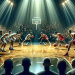 Hyper-realistic illustration of a crucial decision moment in a high-stakes basketball game. The court is lit up, the crowd is in anticipation, and the players are deeply concentrated. Their expressions depict the immense pressure of the defining move they are about to make. There is a sense of urgency, depicted by the fast-moving action on the court. A spectrum of emotions is shown - excitement, tension, and anticipation. No specific teams or players are depicted to avoid identification.