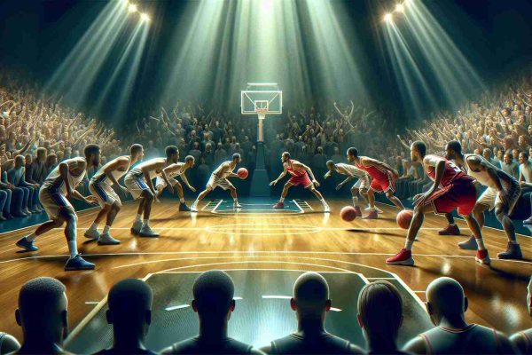 Hyper-realistic illustration of a crucial decision moment in a high-stakes basketball game. The court is lit up, the crowd is in anticipation, and the players are deeply concentrated. Their expressions depict the immense pressure of the defining move they are about to make. There is a sense of urgency, depicted by the fast-moving action on the court. A spectrum of emotions is shown - excitement, tension, and anticipation. No specific teams or players are depicted to avoid identification.