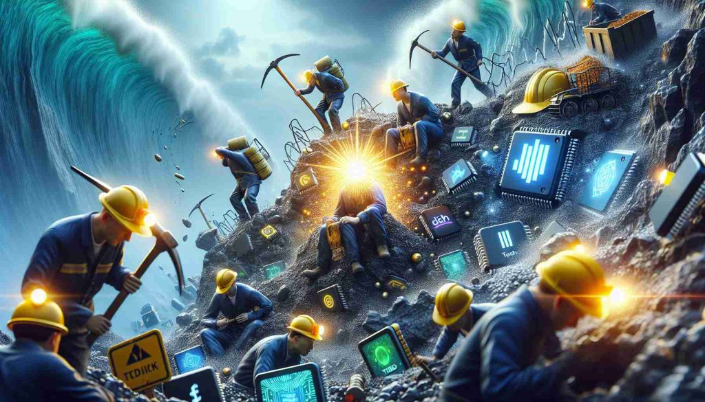 A high-definition, realistic representation of a stock market scene, metaphorically depicting the current situation. The image illustrates the market shaking amidst tariff talks, with miners (symbolized by hardhats, pickaxes, or safety lamps) showing signs of struggle. On the other hand, tech stocks, represented by symbols like microchips, mobile phones or even a tech logo, shine brilliantly, indicating their resilience and growth despite the turbulent environment.