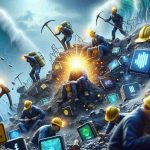 A high-definition, realistic representation of a stock market scene, metaphorically depicting the current situation. The image illustrates the market shaking amidst tariff talks, with miners (symbolized by hardhats, pickaxes, or safety lamps) showing signs of struggle. On the other hand, tech stocks, represented by symbols like microchips, mobile phones or even a tech logo, shine brilliantly, indicating their resilience and growth despite the turbulent environment.