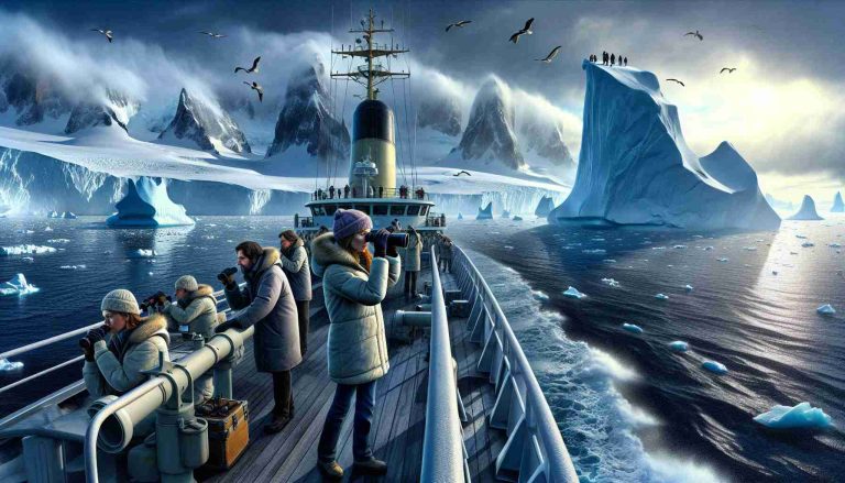 Realistic HD illustration of a dramatic scene aboard a research vessel exploring Antarctica! Picture this: A dense cloud cover slowly parting to reveal the towering icebergs in the ocean. The ship, filled with an enthusiastic multi-disciplinary team of researchers. A Middle-Eastern marine biologist observing the Antarctic fauna through her binoculars, a South Asian climatologist braving the winds to collect atmospheric data, and a Caucasian geologist studying the rocky ice formations along the coast. Every element full of suspense and adventure, while uncovering the awe-inspiring wonders of the polar region!