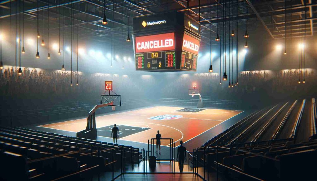 A high-definition, realistic image representing a major setback for basketball fans. The scene depicts a well-lit, mainstream basketball court with an abandoned game setup as if a big match was supposed to hold. Signboards and electronic scoreboards show canceled notifications. Fans appear disappointed as they begin to depart the gallery leaving behind the dimly lit, empty courts.