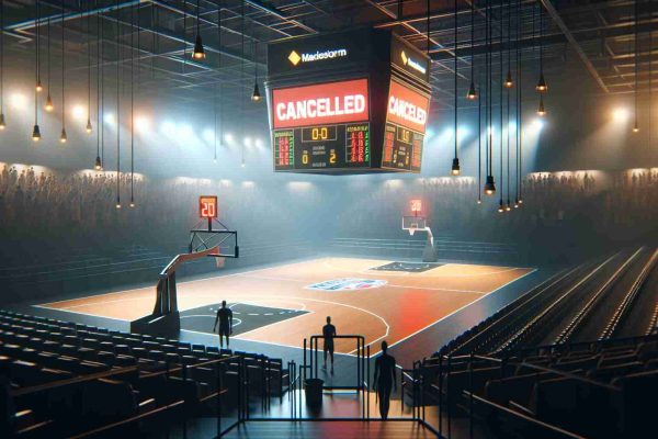 A high-definition, realistic image representing a major setback for basketball fans. The scene depicts a well-lit, mainstream basketball court with an abandoned game setup as if a big match was supposed to hold. Signboards and electronic scoreboards show canceled notifications. Fans appear disappointed as they begin to depart the gallery leaving behind the dimly lit, empty courts.