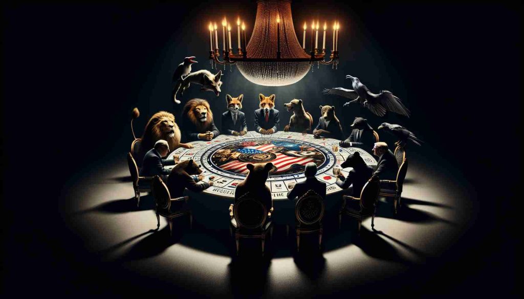 A high-definition symbolic imagery representing 'Political Power Plays: Who's Really Invited?' showcasing a metaphorical round table filled with a variety of symbolic figures such as a lion symbolizing leadership, a fox for cunning, a bear for raw power, and a crow signifying intelligence. The scene is illuminated by a chandelier above the table, creating dramatic shadows. The atmosphere is tense as if each figure's position at the table is a reflection of their standing in the powerplay.