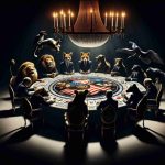 A high-definition symbolic imagery representing 'Political Power Plays: Who's Really Invited?' showcasing a metaphorical round table filled with a variety of symbolic figures such as a lion symbolizing leadership, a fox for cunning, a bear for raw power, and a crow signifying intelligence. The scene is illuminated by a chandelier above the table, creating dramatic shadows. The atmosphere is tense as if each figure's position at the table is a reflection of their standing in the powerplay.