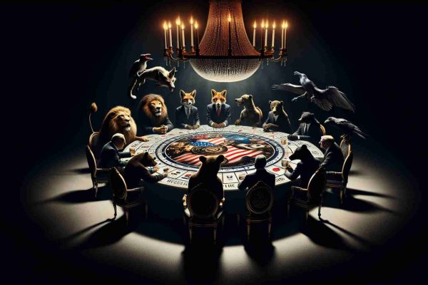 A high-definition symbolic imagery representing 'Political Power Plays: Who's Really Invited?' showcasing a metaphorical round table filled with a variety of symbolic figures such as a lion symbolizing leadership, a fox for cunning, a bear for raw power, and a crow signifying intelligence. The scene is illuminated by a chandelier above the table, creating dramatic shadows. The atmosphere is tense as if each figure's position at the table is a reflection of their standing in the powerplay.