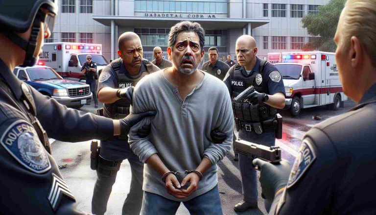 A realistic high-definition depiction of a tragic scene outside a hospital. A middle-aged Hispanic man is shown in a tense situation involving law enforcement. The man, shown with look of fear, wearing casual clothes stands surrounded by police officers with serious expressions. One police officer seems to be in the process of using his firearm. The background shows the hospital building, ambulances, and other emergency vehicles scattered around. Please create this image with a respectful and empathetic tone to convey tragic, tense, and dramatic mood.