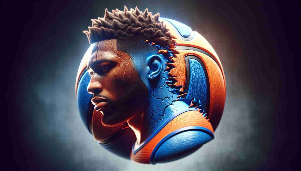 A high-definition, realistic depiction of a metaphorical scenario representing a basketball star from a team symbolized by an orange and blue logo facing an injury setback. The player's face shows determination as he faces adversity, embodying the uncertainty and hope associated with his future performances.