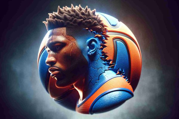 A high-definition, realistic depiction of a metaphorical scenario representing a basketball star from a team symbolized by an orange and blue logo facing an injury setback. The player's face shows determination as he faces adversity, embodying the uncertainty and hope associated with his future performances.