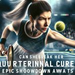 High definition, realistic image of a female tennis player showcasing her skills on the court, with the anticipation of advancing beyond the quarterfinals in a major tennis event. An epic showdown is implied through the intensity in her eyes, her focus on the game, and the atmospheric pressure of the crowd. Please also include text that reads: 'Can she break her quarterfinal curse? Epic showdown awaits!'