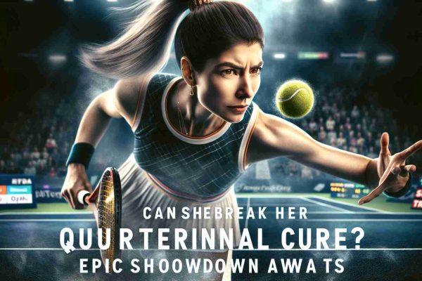 High definition, realistic image of a female tennis player showcasing her skills on the court, with the anticipation of advancing beyond the quarterfinals in a major tennis event. An epic showdown is implied through the intensity in her eyes, her focus on the game, and the atmospheric pressure of the crowd. Please also include text that reads: 'Can she break her quarterfinal curse? Epic showdown awaits!'