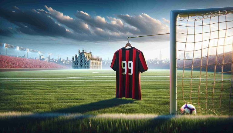 A realistic, high-definition image of a symbolic scene hinting at question of whether a certain Milan-based football club, renowned for its red and black striped jerseys, will finally break their trophy drought. Details might include an expansive, well-maintained football field with a distant view of the historic city of Milan, as well as a football club jersey with the iconic stripes, wistfully hung on a goalpost in the foreground. Note: the image should evoke suspense, aspiration, and anticipation.