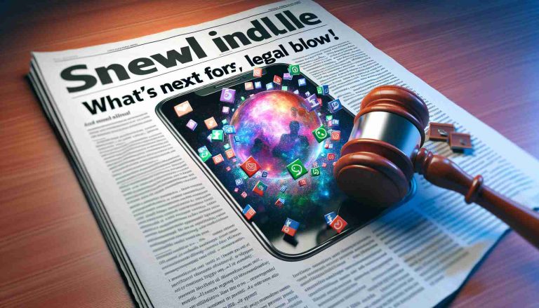 Generate a realistic high-definition image of a news headline saying 'Social Media Platform Faces a Major Legal Blow! What’s Next for the Popular App?' along with a symbolic image. The symbolic image can be a gavel representing legal issues, entangled with an image of a smartphone display which is shimmering with a colorful display, indicating the vibrancy of a popular social media app. The entire scene should look like it's part of a news article in a print newspaper.